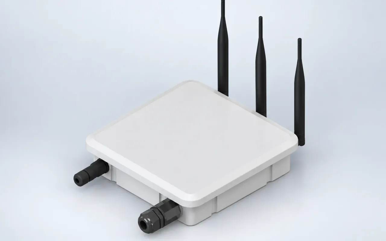 Herdwize LoRa gateway in a white IP66 enclosure with external antennas