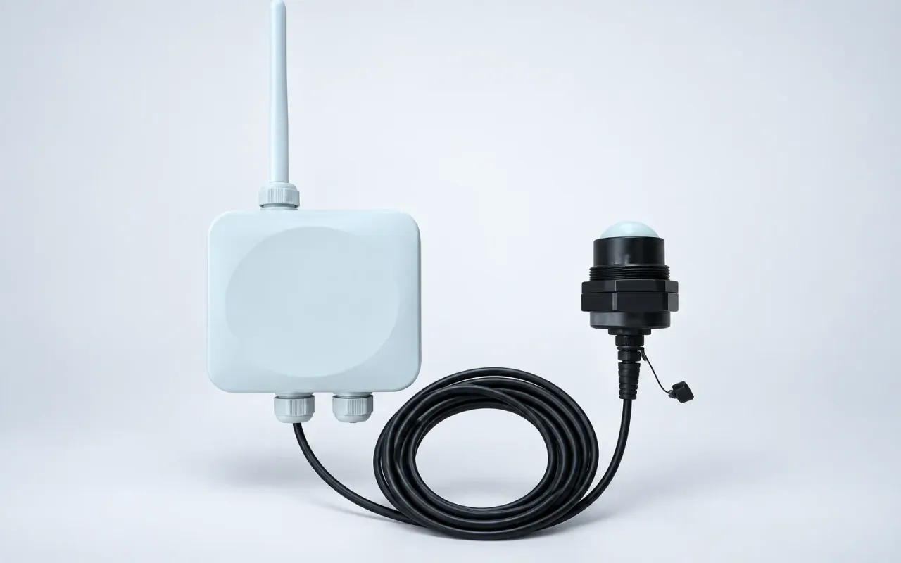 Herdwize radar water-level sensor with its LoRa enclosure and cable