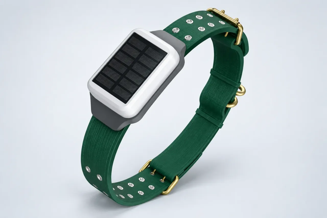 Herdwize solar GPS collar with a dark green strap and solar-panel module