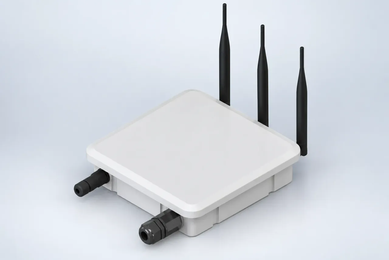 Herdwize LoRa gateway in a white IP66 enclosure with external antennas