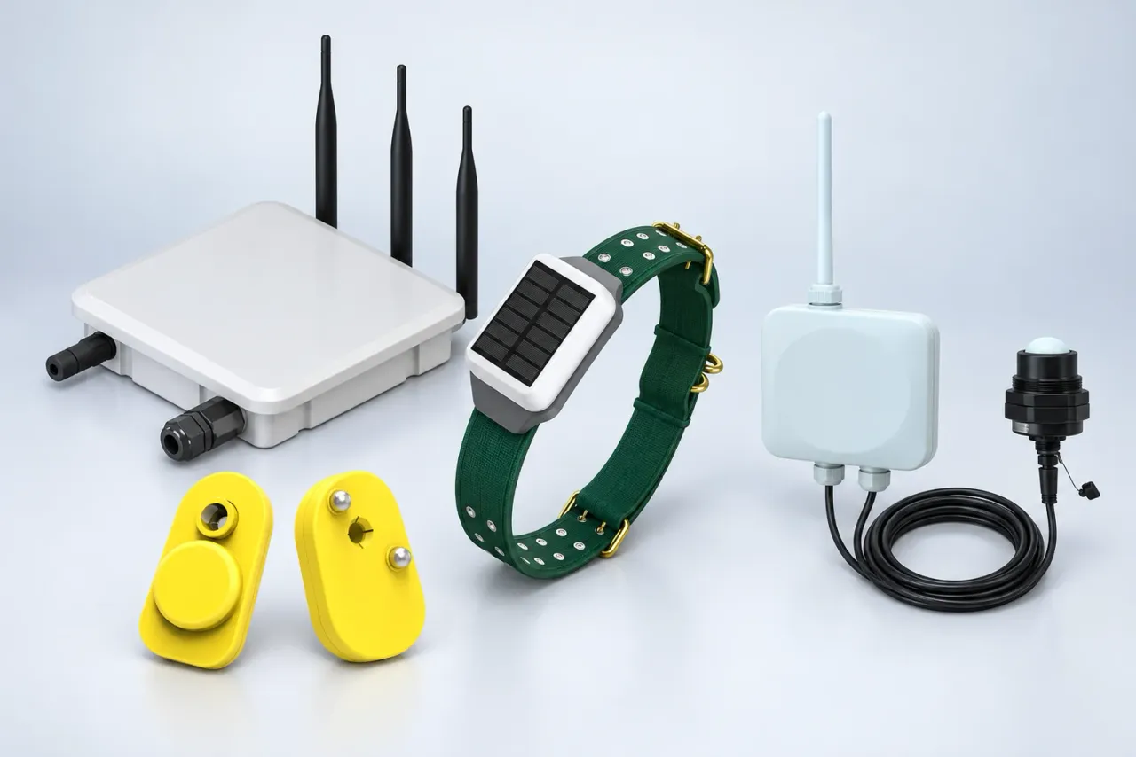 Herdwize hardware family: yellow Smart Eartags, a solar GPS collar, the LoRa gateway and a radar water-level sensor