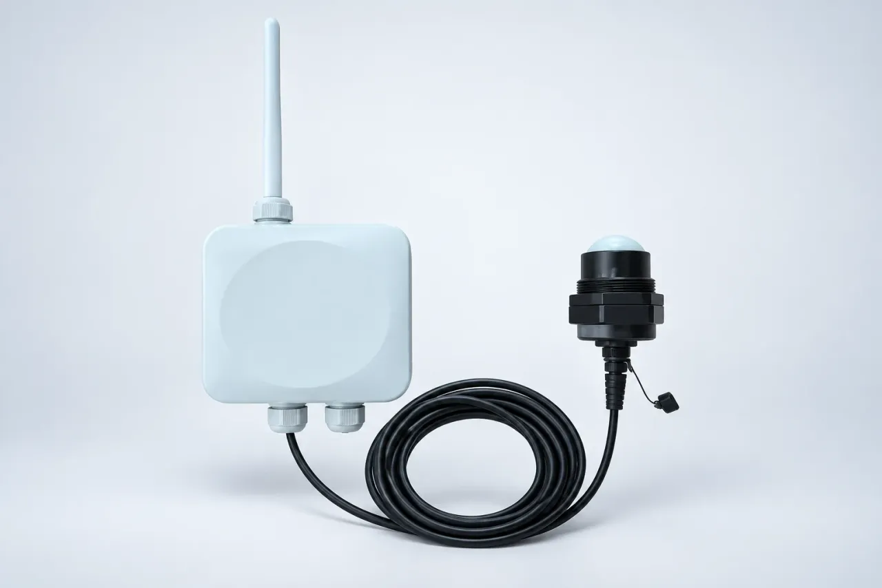 Herdwize radar water-level sensor with its LoRa enclosure and cable