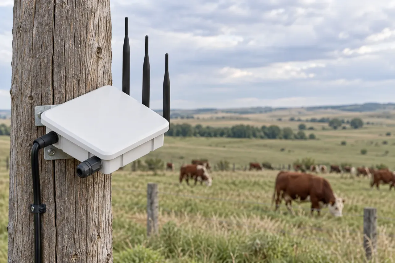 LoRa gateway mounted at the edge of a ranch yard