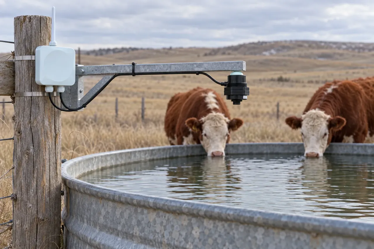 Radar water-level sensor mounted over a stock tank