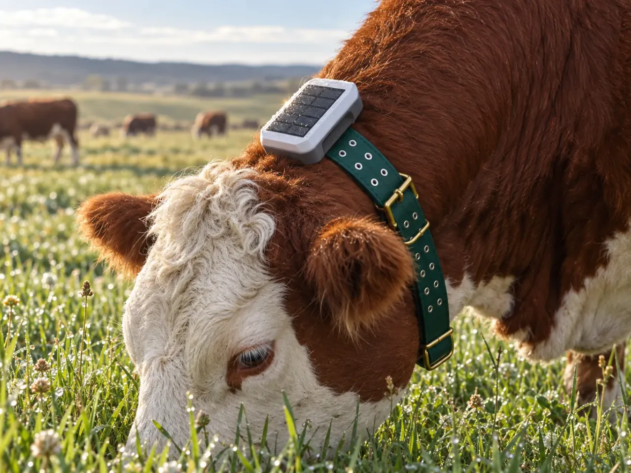 Hereford cow grazing in a Herdwize solar GPS collar