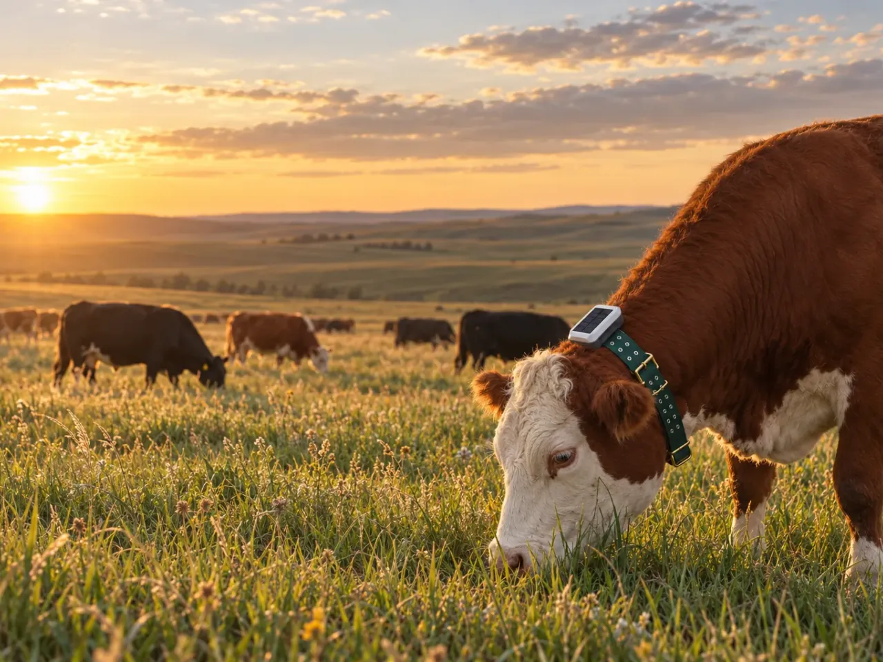 Hereford cattle grazing on the prairie at golden hour, the nearest cow wearing a Herdwize solar GPS collar