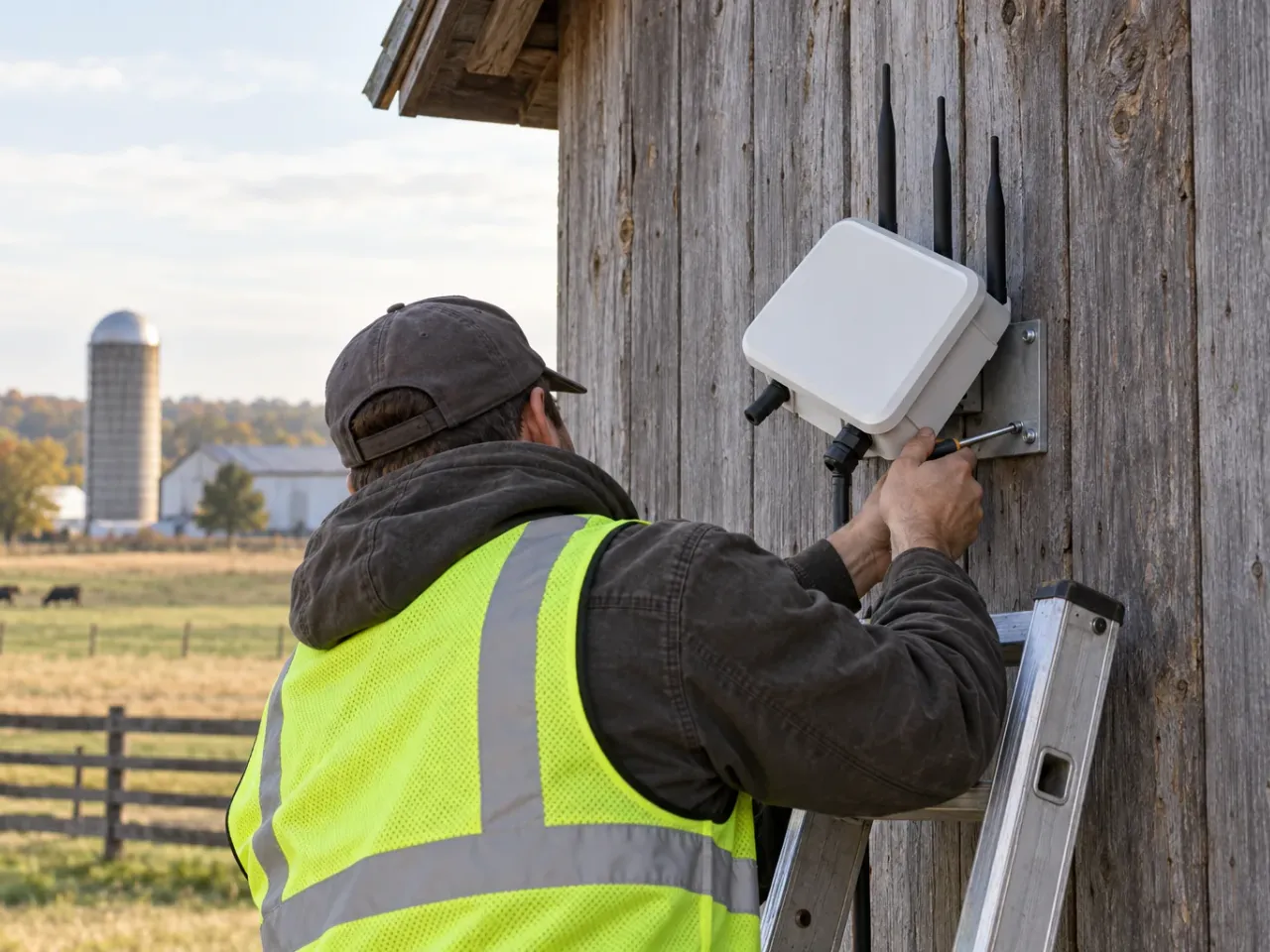 Field technician mounting a Herdwize LoRa gateway on a barn wall
