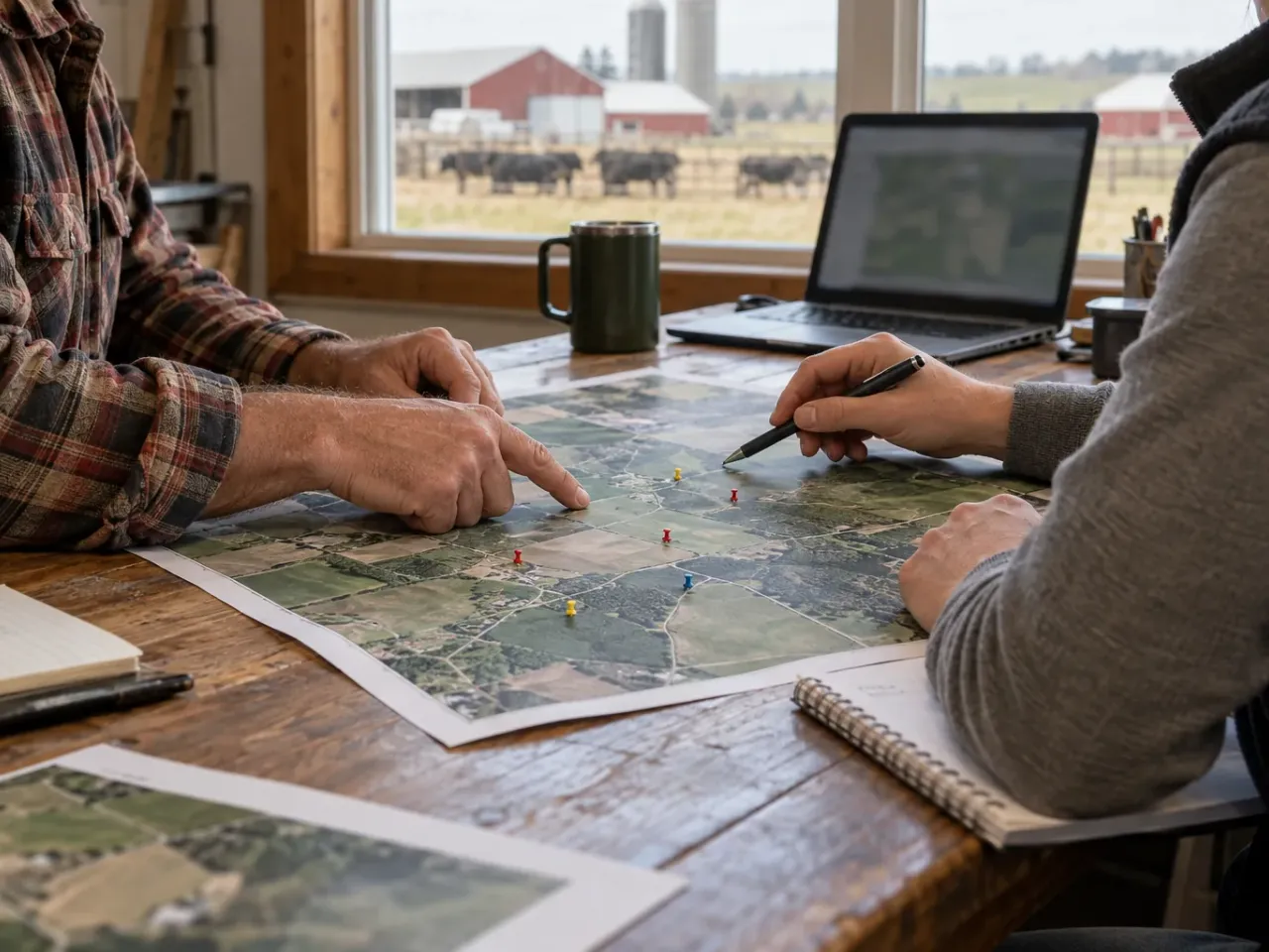 Integrator and farmer planning sensor coverage over an aerial pasture map