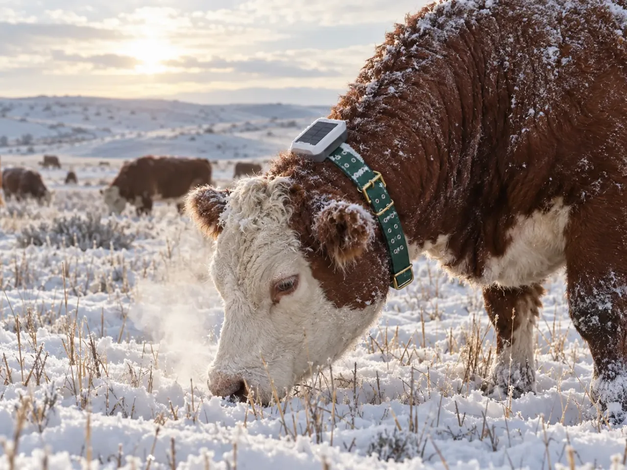 Hereford cow grazing in a Herdwize solar GPS collar