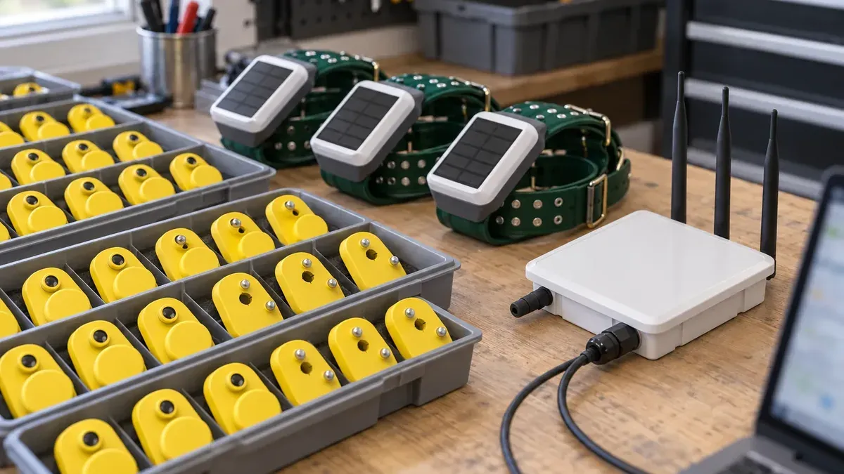 Trays of yellow smart ear tags, solar collars and a LoRa gateway staged on a workbench