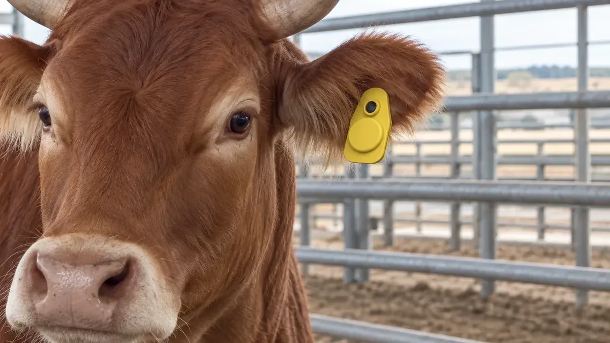 Close-up of a red heifer's face and yellow smart ear tag in a ranch handling pen