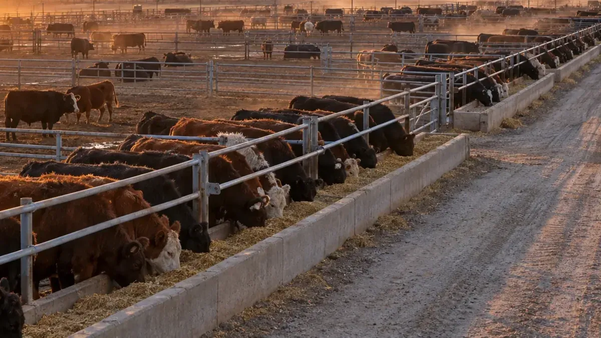 Rows of beef cattle eating at concrete feed bunks along a feedlot alley at sunrise