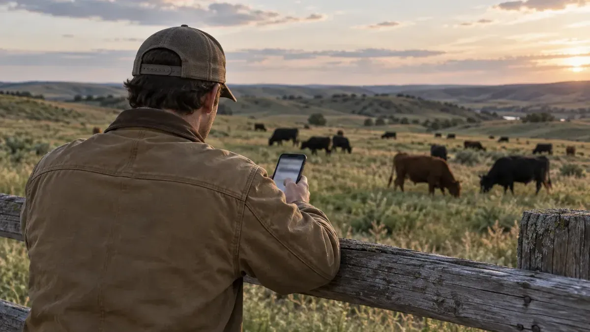 Rancher leaning on a wooden fence checking a smartphone, cattle grazing on rolling pasture at sunset