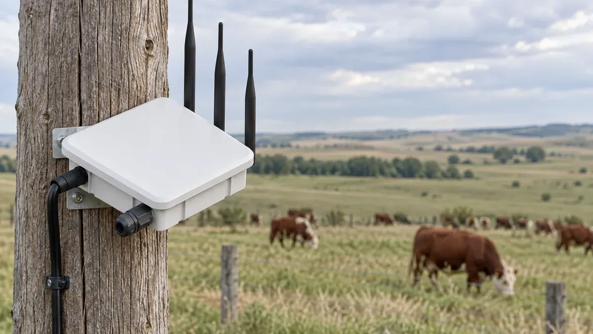 Herdwize LoRa gateway mounted on a wooden pole above a fenced pasture with grazing cattle