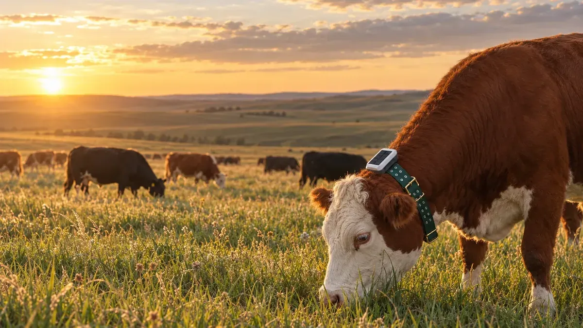 Hereford cow wearing a solar monitoring collar grazing on open prairie at golden hour, with the herd behind