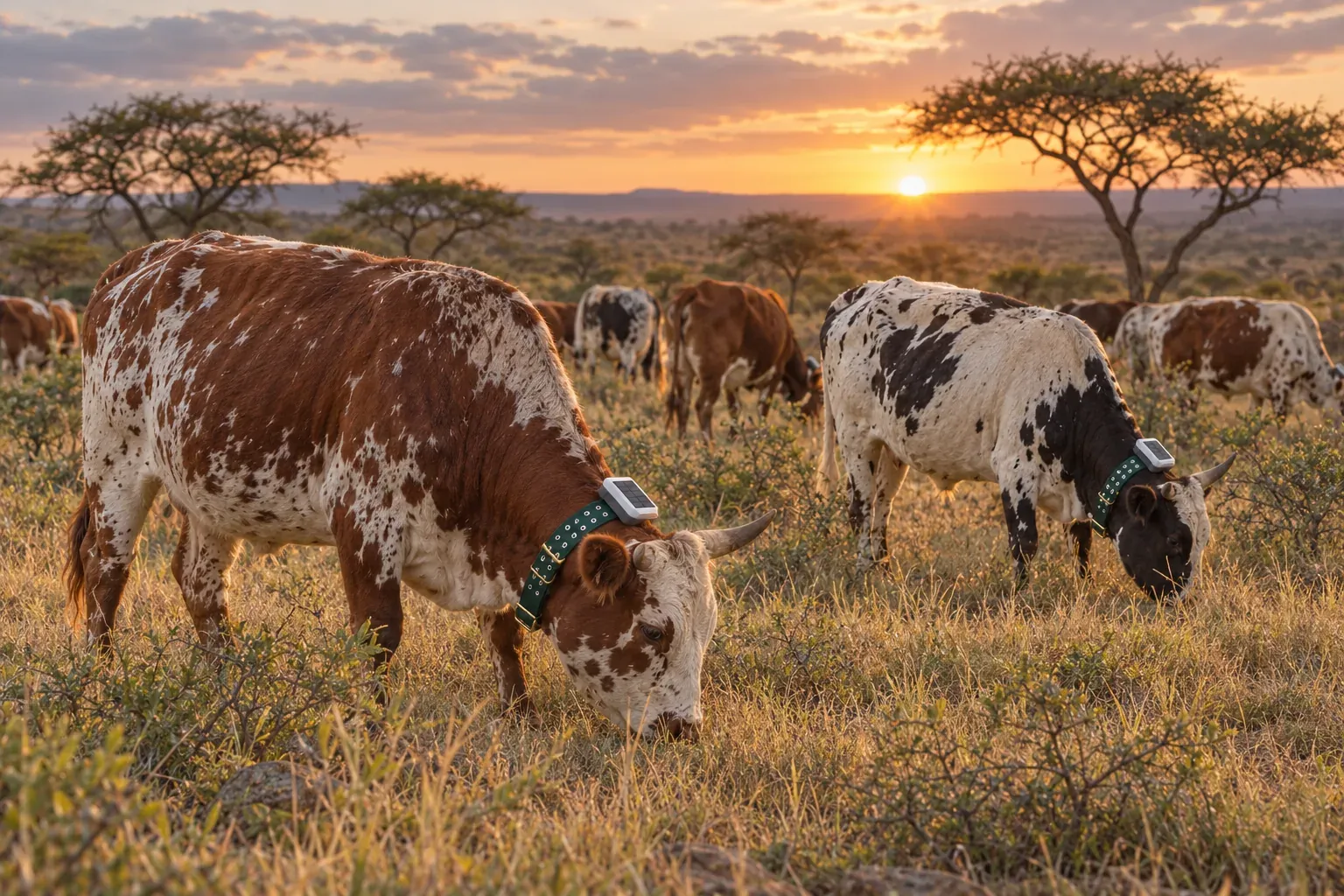 Nguni cattle wearing Herdwize GPS collars grazing in the bushveld at dusk
