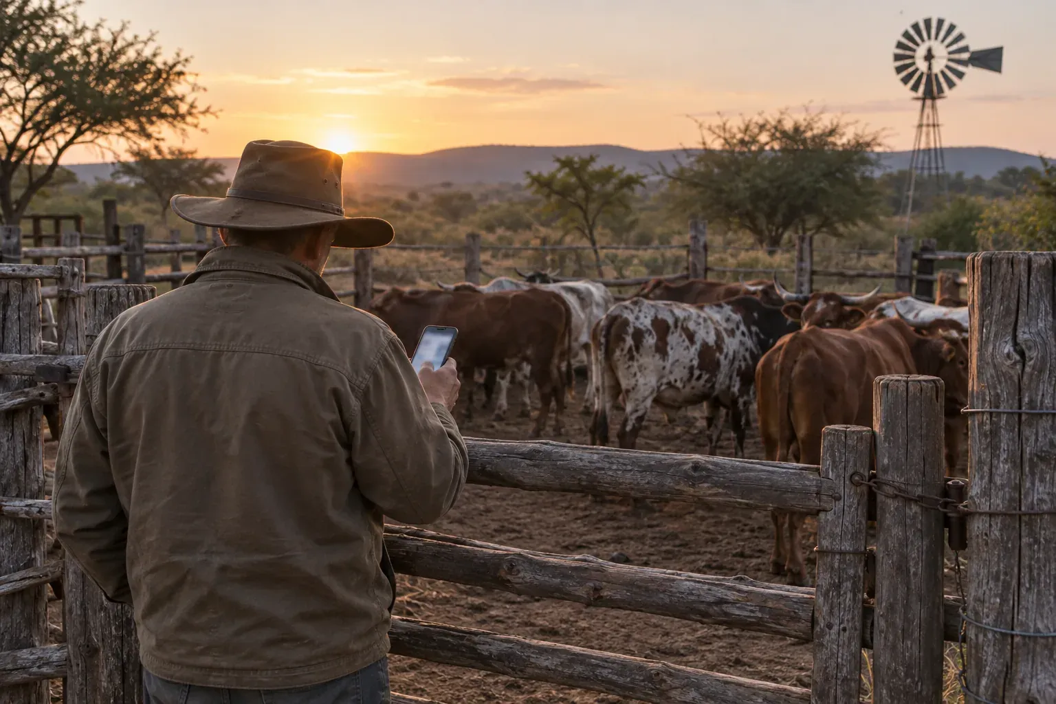 Farmer checking a smartphone at the gate of a cattle kraal at dawn