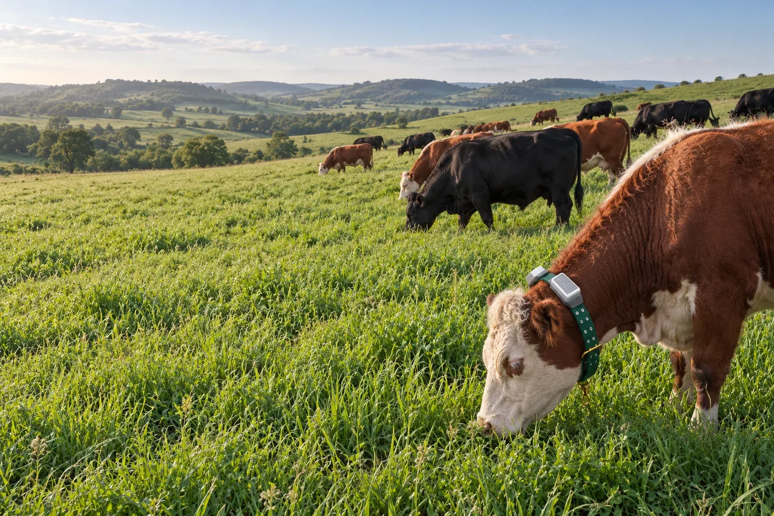 Hereford and Angus cattle strip-grazing an open hillside pasture with no fences