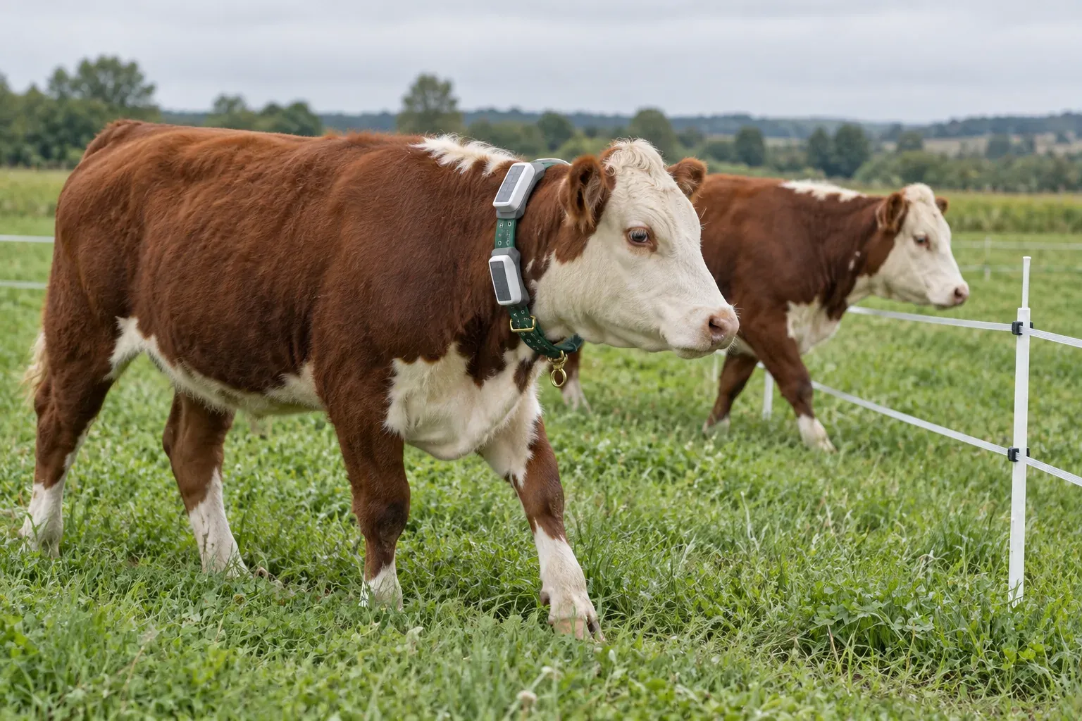 Hereford heifers wearing GC010 collars walking beside a temporary polytape fence during training