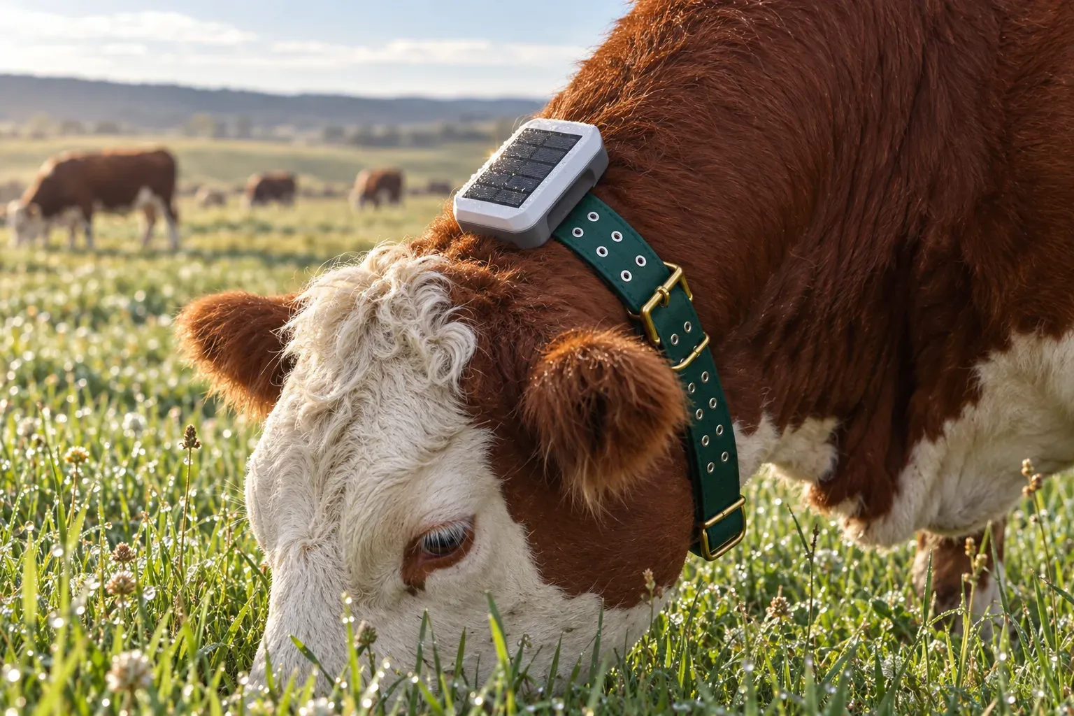 Hereford cow grazing in a Herdwize solar GPS collar