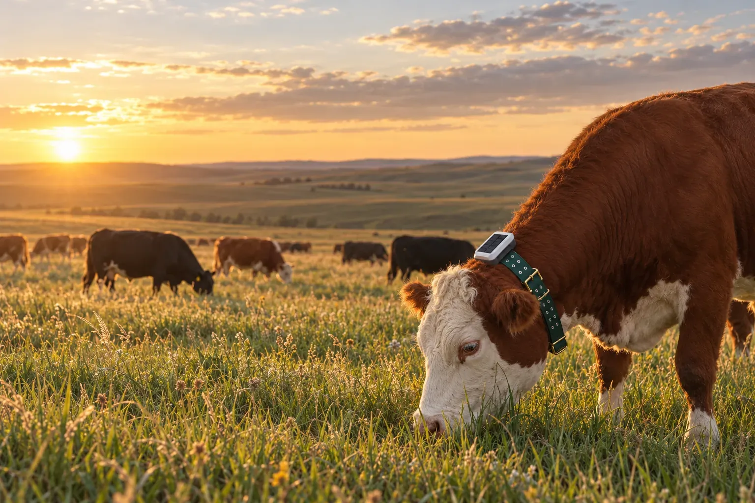 Hereford cattle grazing on the prairie at golden hour, the nearest cow wearing a Herdwize solar GPS collar
