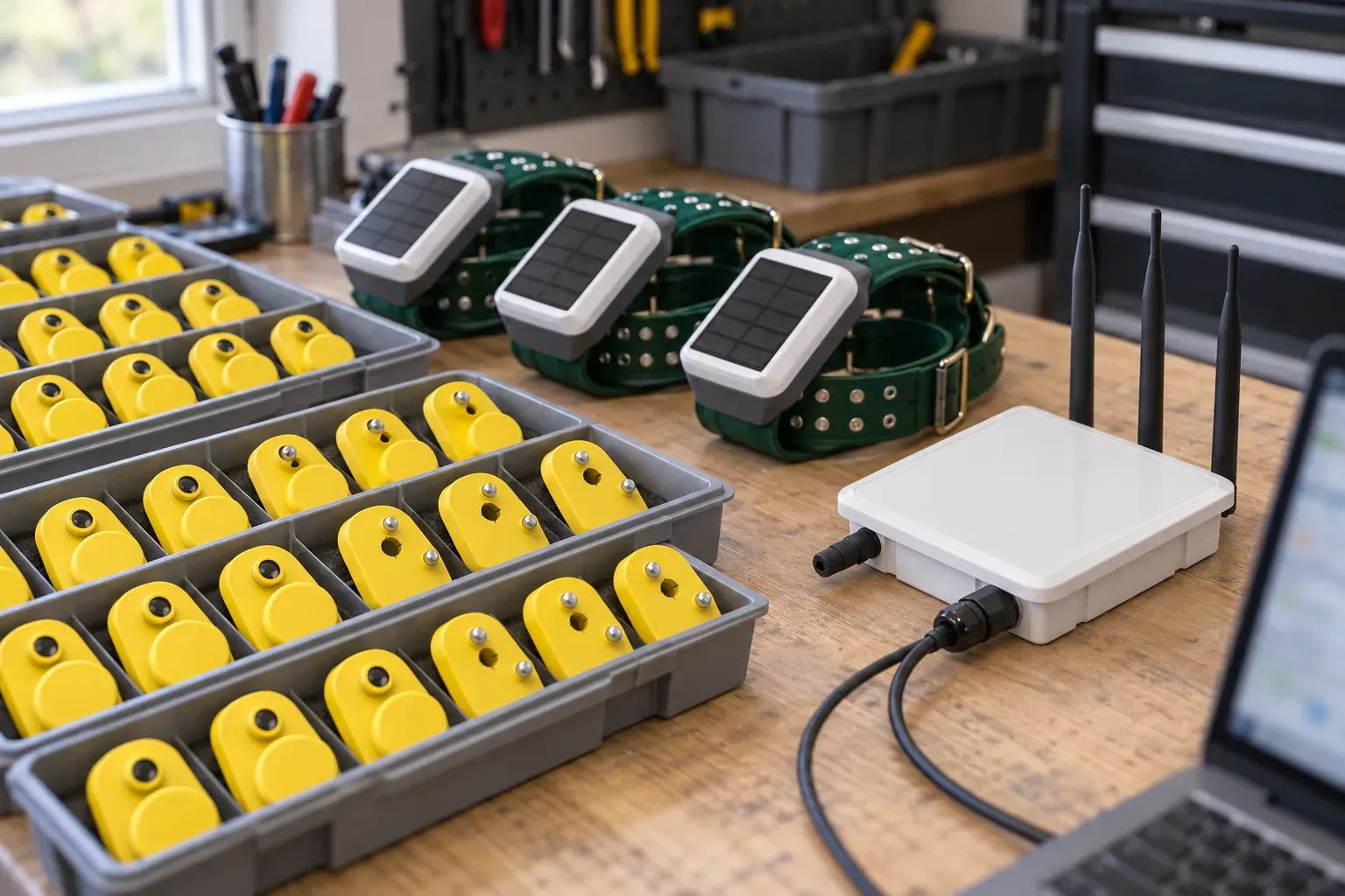 Yellow ear tags, solar GPS collars and a LoRa gateway staged on an integrator's workbench