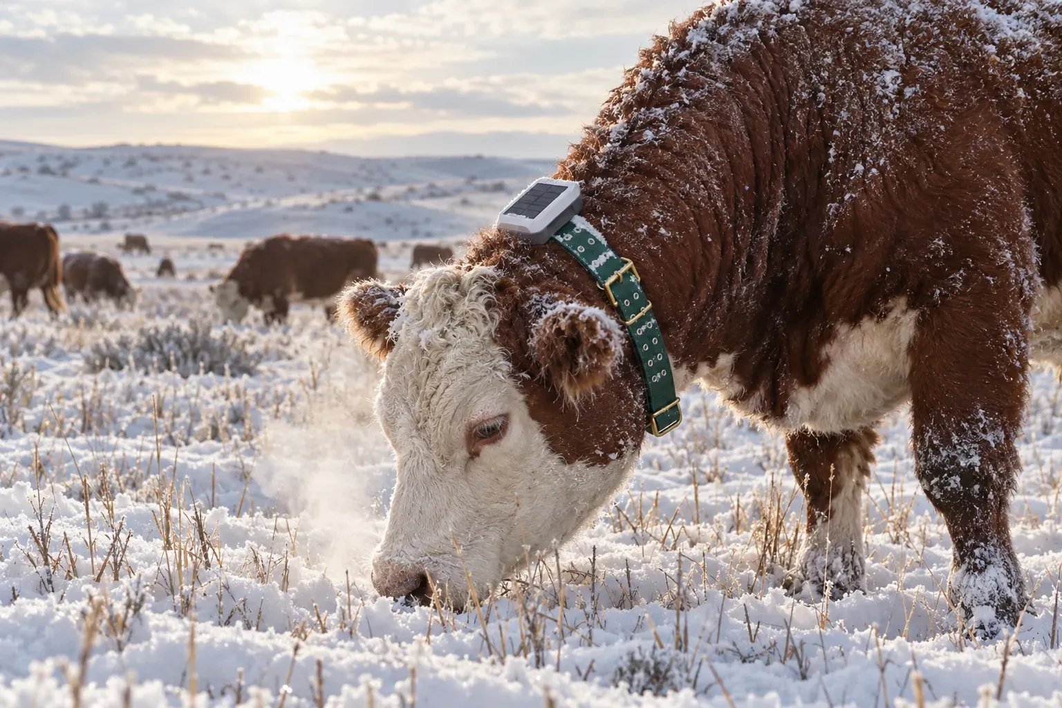 Hereford cow grazing in a Herdwize solar GPS collar