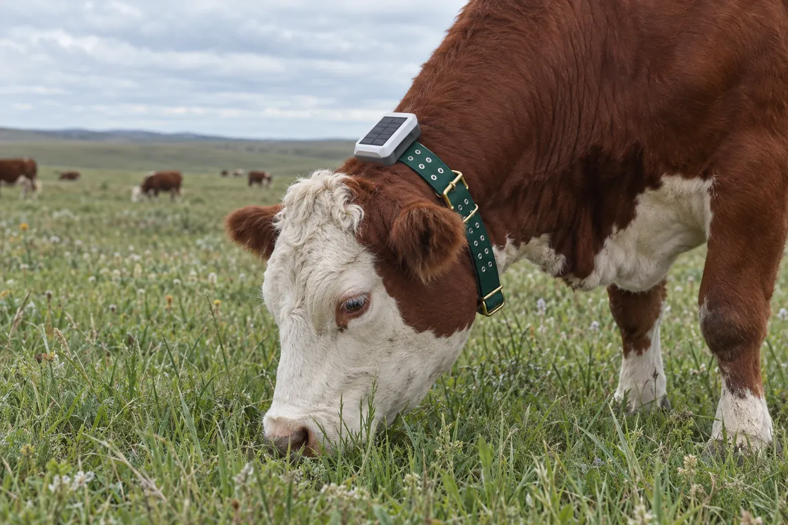 Hereford cow grazing in a Herdwize solar GPS collar
