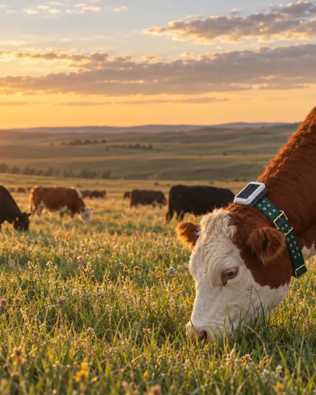Hereford cattle grazing on the prairie at golden hour, the nearest cow wearing a Herdwize solar GPS collar