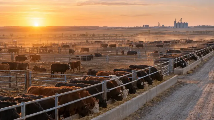 Feedlot pens with beef cattle lined up at the feed bunks at sunrise