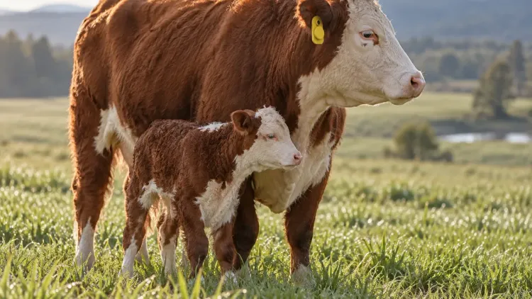 Hereford cow with a yellow ear tag standing beside her newborn calf on green pasture