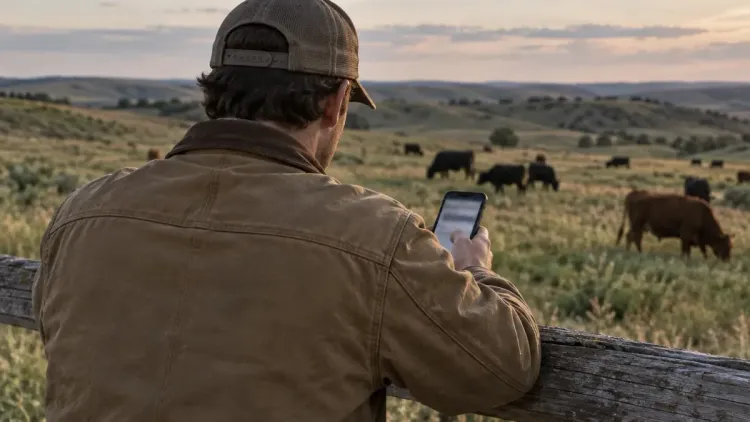 Rancher at a pasture fence looking at a smartphone, cattle grazing in the distance