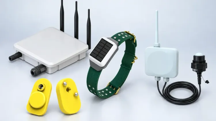 Herdwize devices on a studio background: LoRa gateway, two yellow smart ear tags, a solar collar and a sensor node