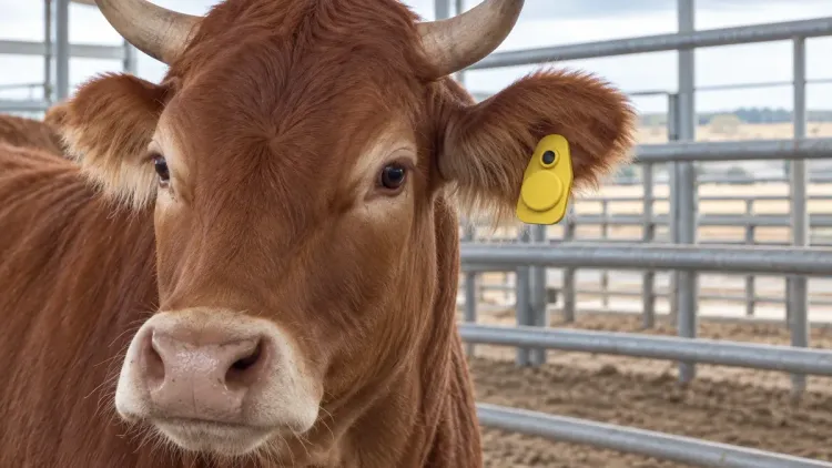 Red heifer with a yellow smart ear tag standing in a steel handling pen