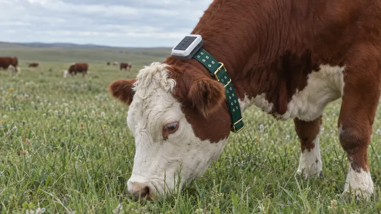 Close-up of a Hereford cow wearing a solar monitoring collar while grazing