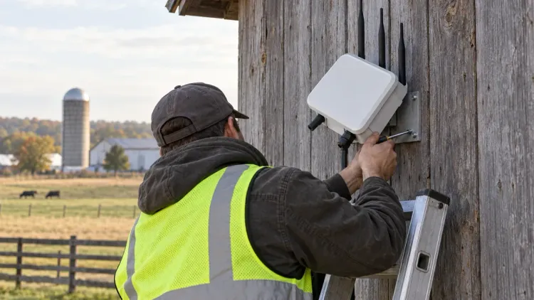 Technician in a high-visibility vest mounting a LoRa gateway on a barn wall beside farm fields