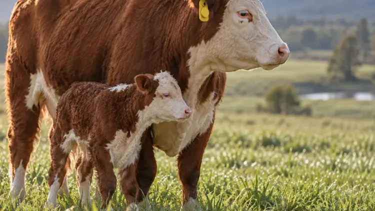 Newborn Hereford calf standing close to its ear-tagged mother on fresh green pasture